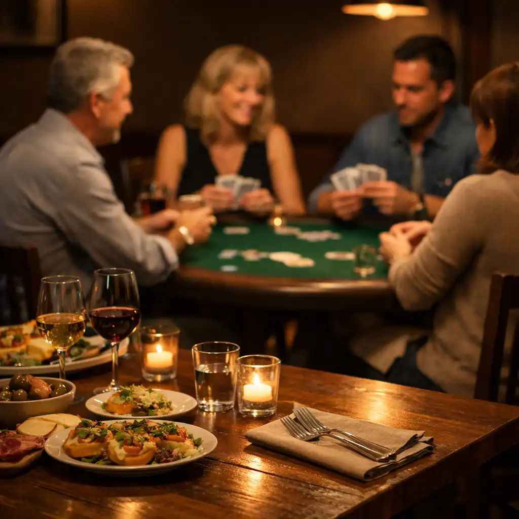 A timber dining setting in the foreground with a card table beyond in a warm restaurant interior.