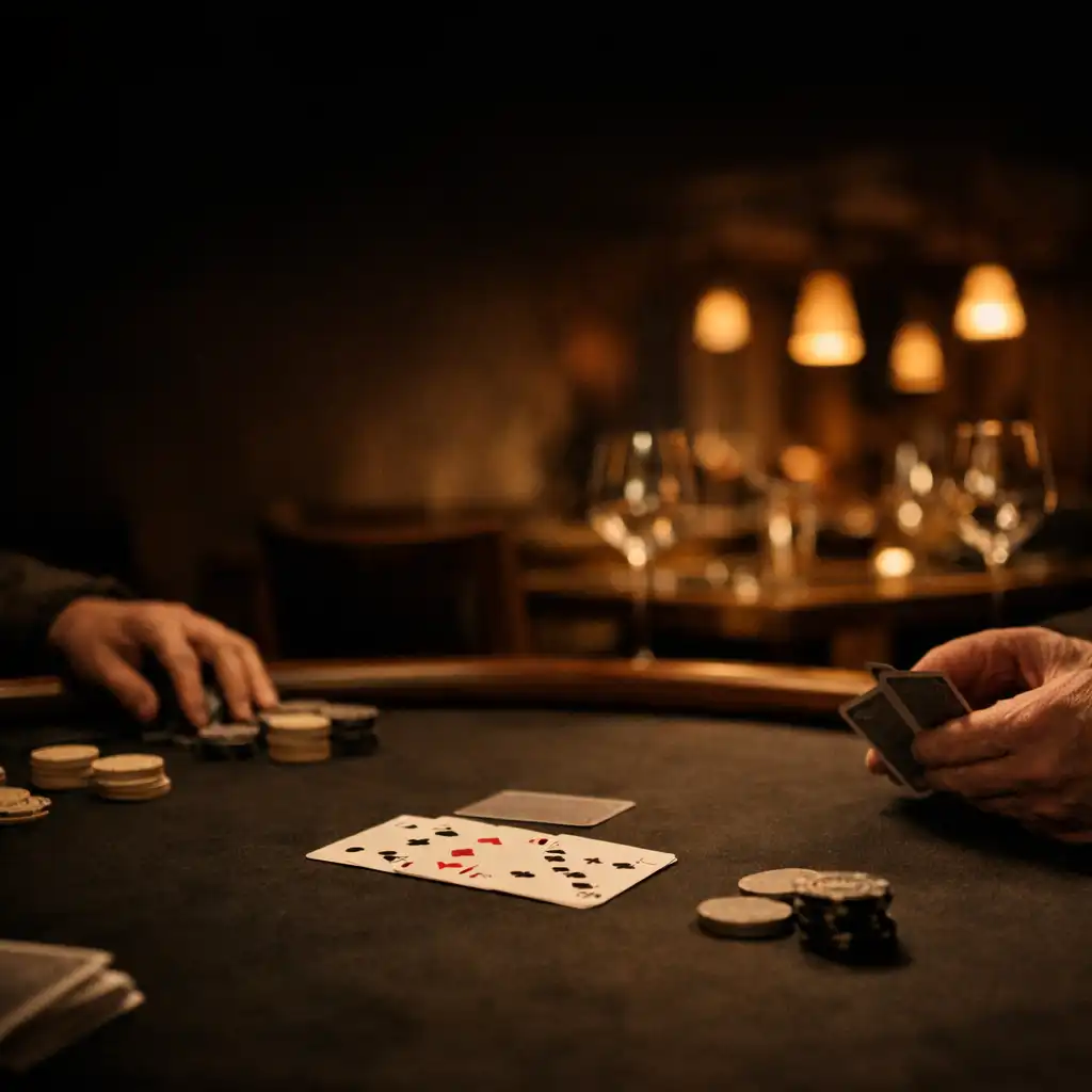 Hands arranging playing cards on a felt table in The Fortune Garden’s warm dining-room atmosphere.