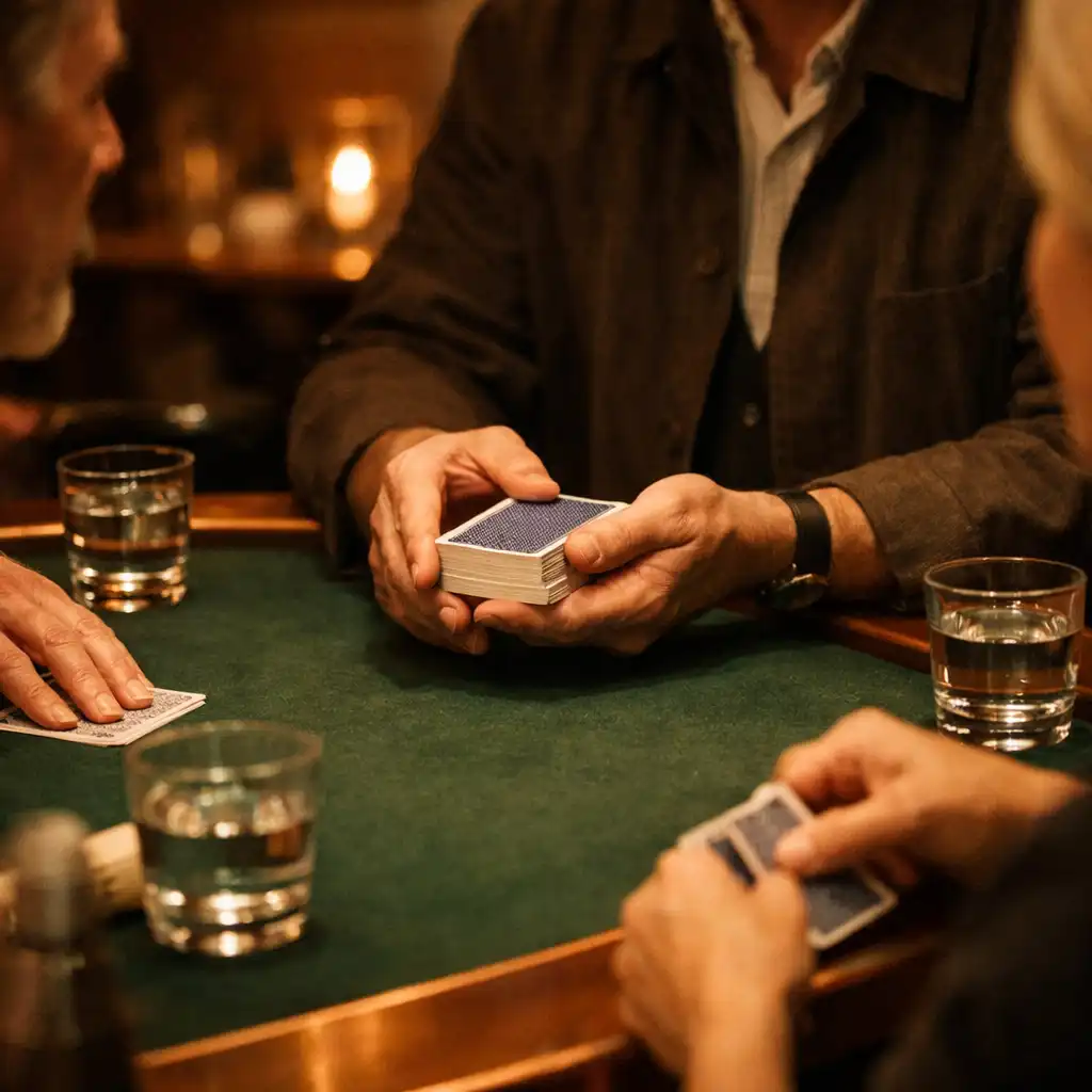 A host’s hands presenting a deck at a warmly lit in-person card table.