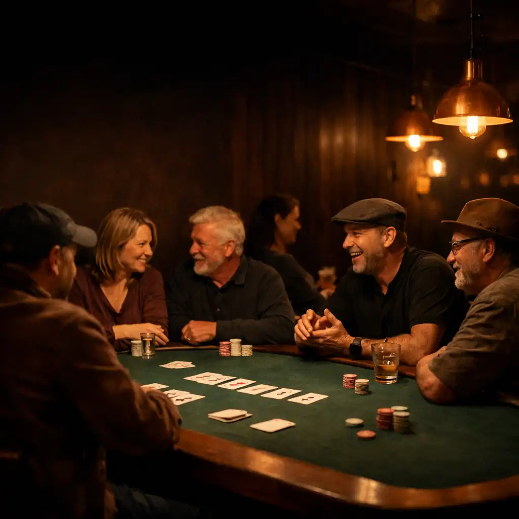 A warmly lit card lounge with guests gathered at a long felt-topped table.