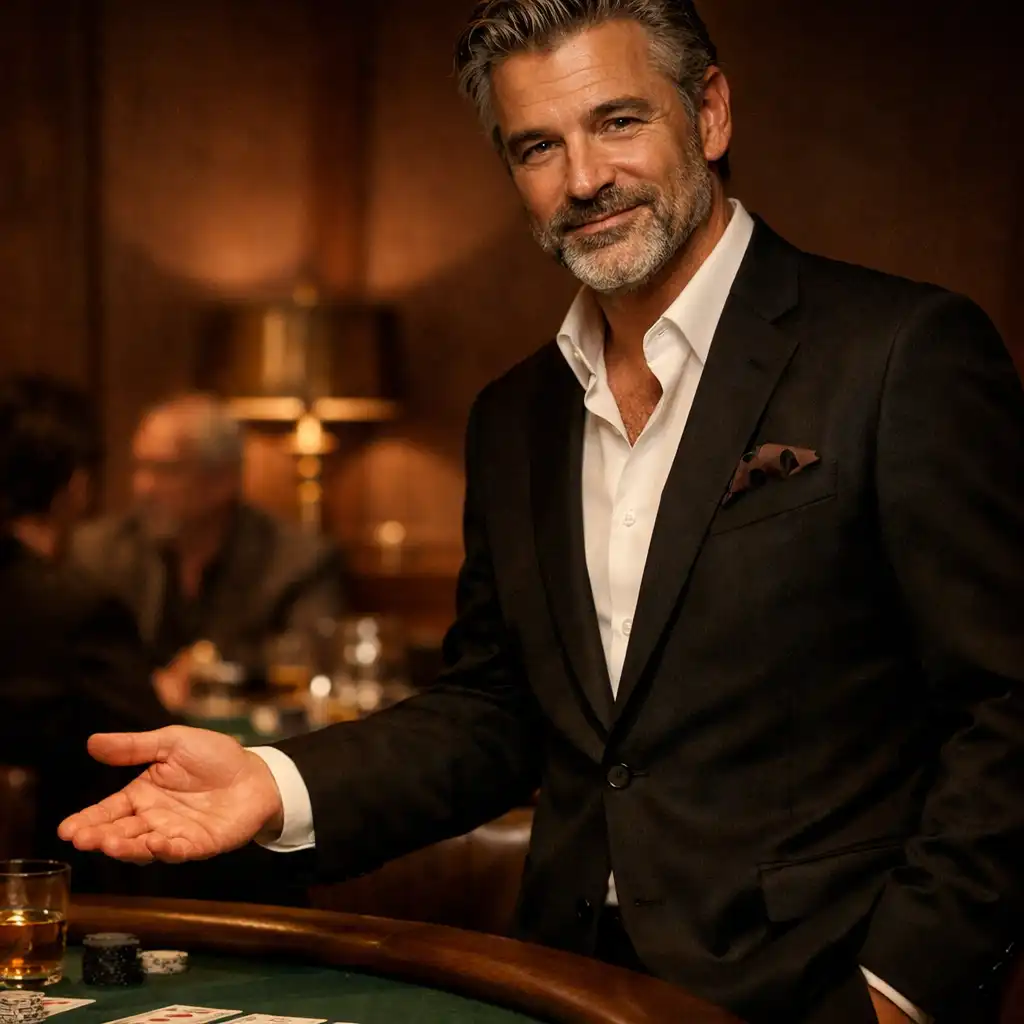 A host beside a timber card table in a refined restaurant card room