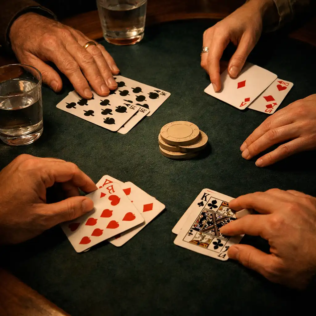 Hands arranging physical playing cards on a dark felt table beside glasses.