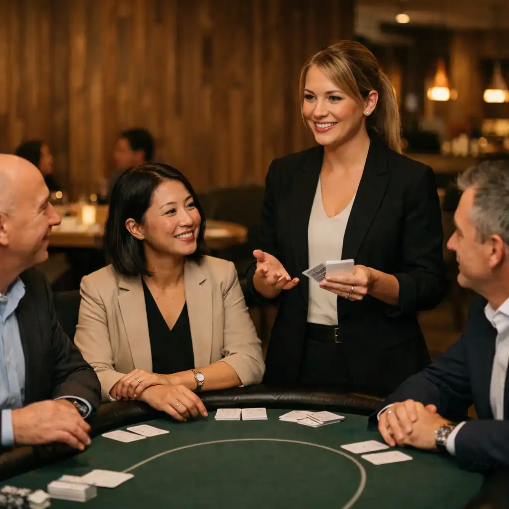 A host welcoming a corporate group beside a felt-topped card table in a warm restaurant room.