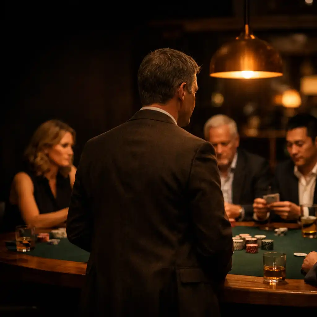 A host beside a physical poker table as colleagues gather in a warmly lit restaurant card lounge.