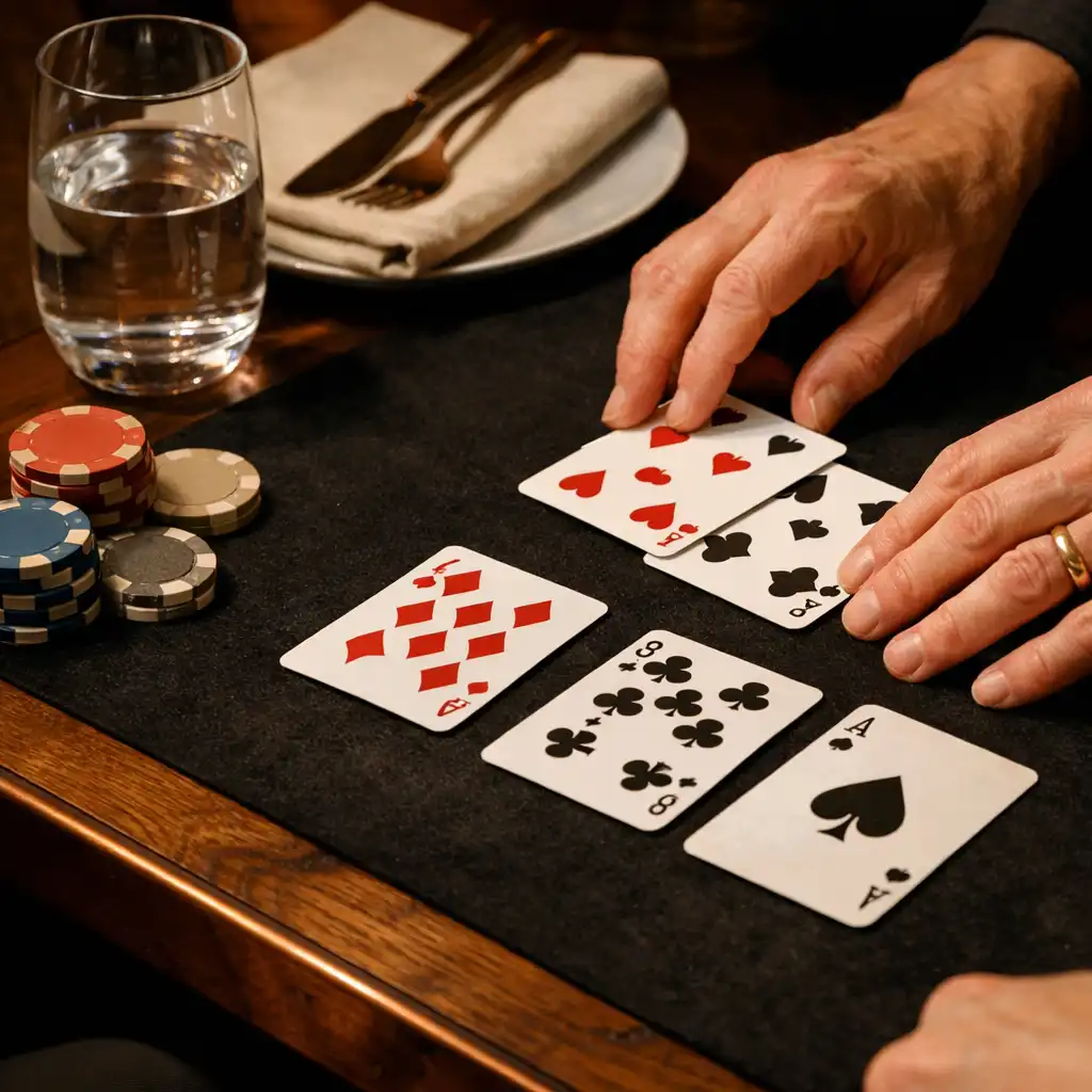 Hands arranging physical playing cards beside a restaurant place setting and glassware.