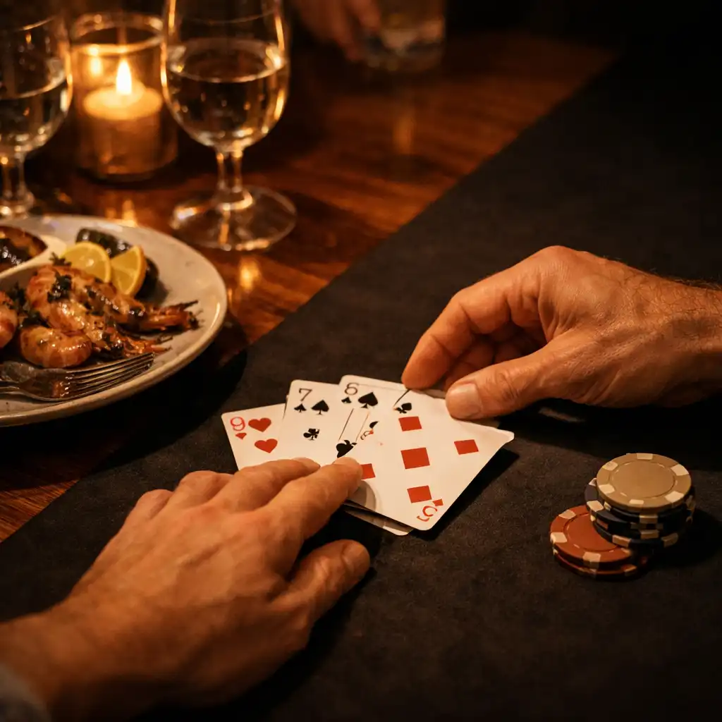 Hands arranging playing cards beside shared dining and glassware on a timber table