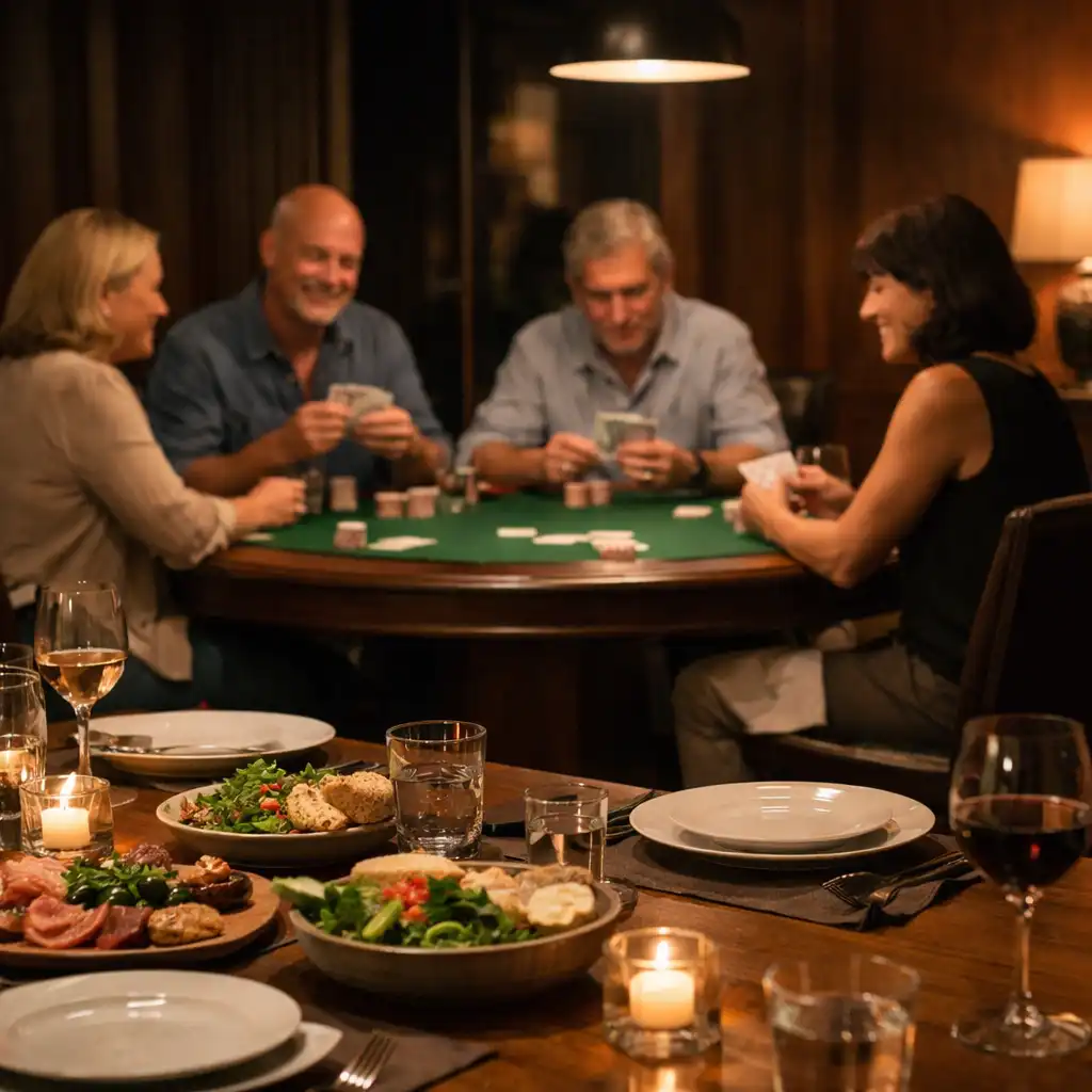 Dining place settings in the foreground with guests gathered around a hosted poker table beyond.