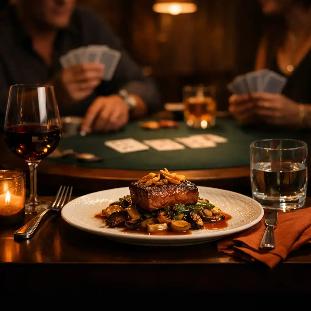 Plated food and glassware in the foreground with a card table softly visible behind.