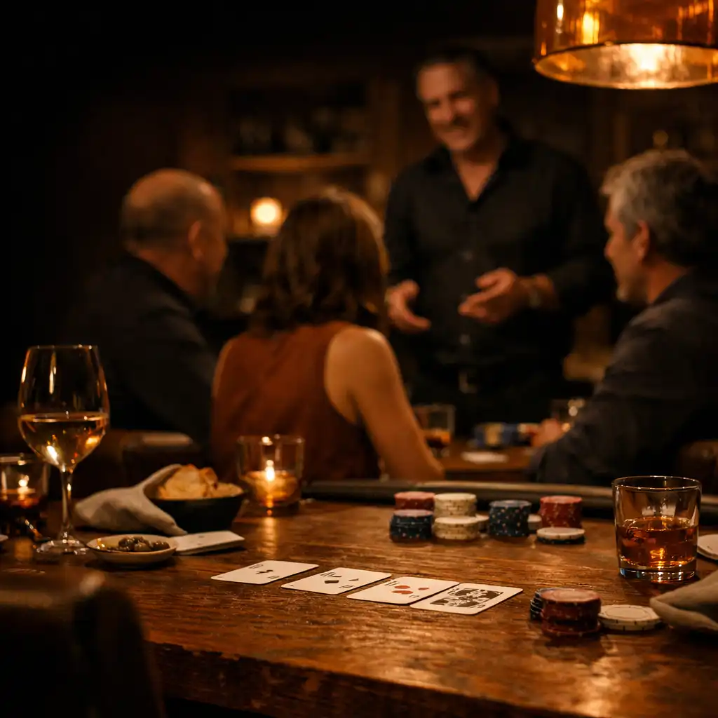 Host welcoming diners around a timber card table with cards and glassware in the card lounge