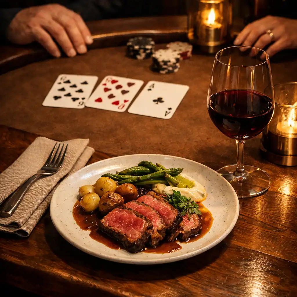 Dinner place setting with folded linen, wine glass and paper playing cards beside warm felt