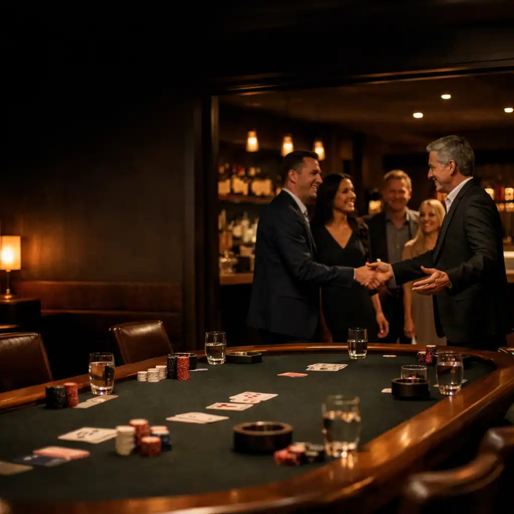A host welcoming guests into The Fortune Garden card lounge beside a timber and felt table.
