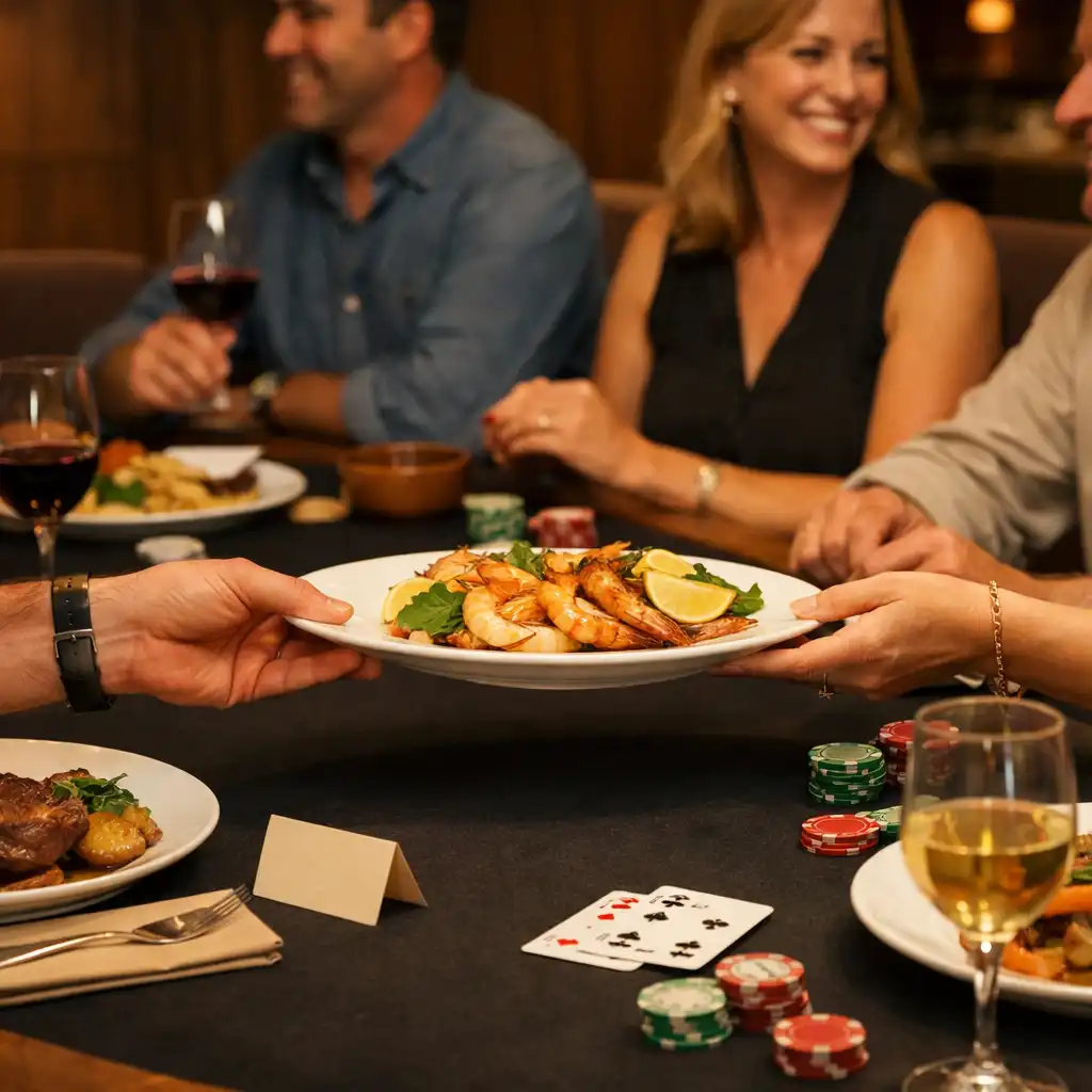 Shared dishes, conversation and playing cards beside place settings in a warmly lit dining room.