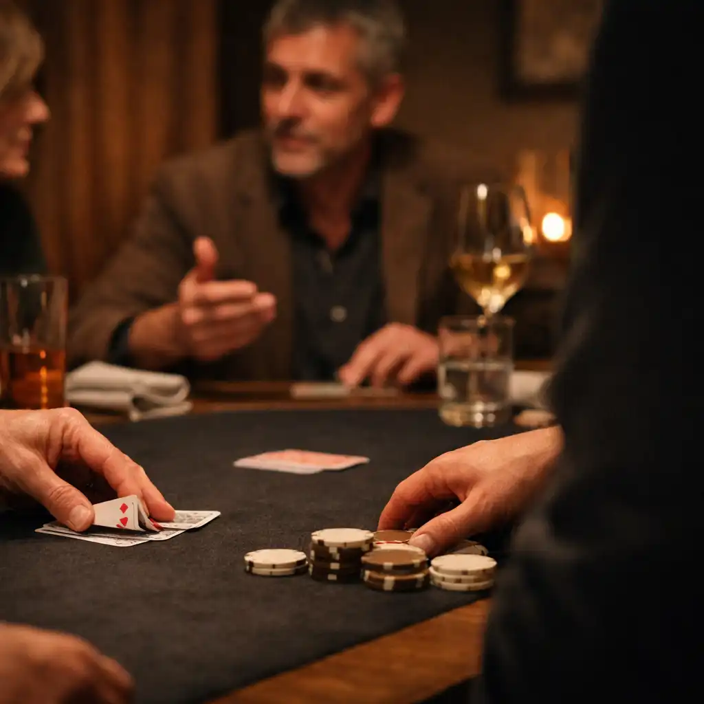 Hands arranging physical playing cards on dark felt while a host gestures at a nearby table.