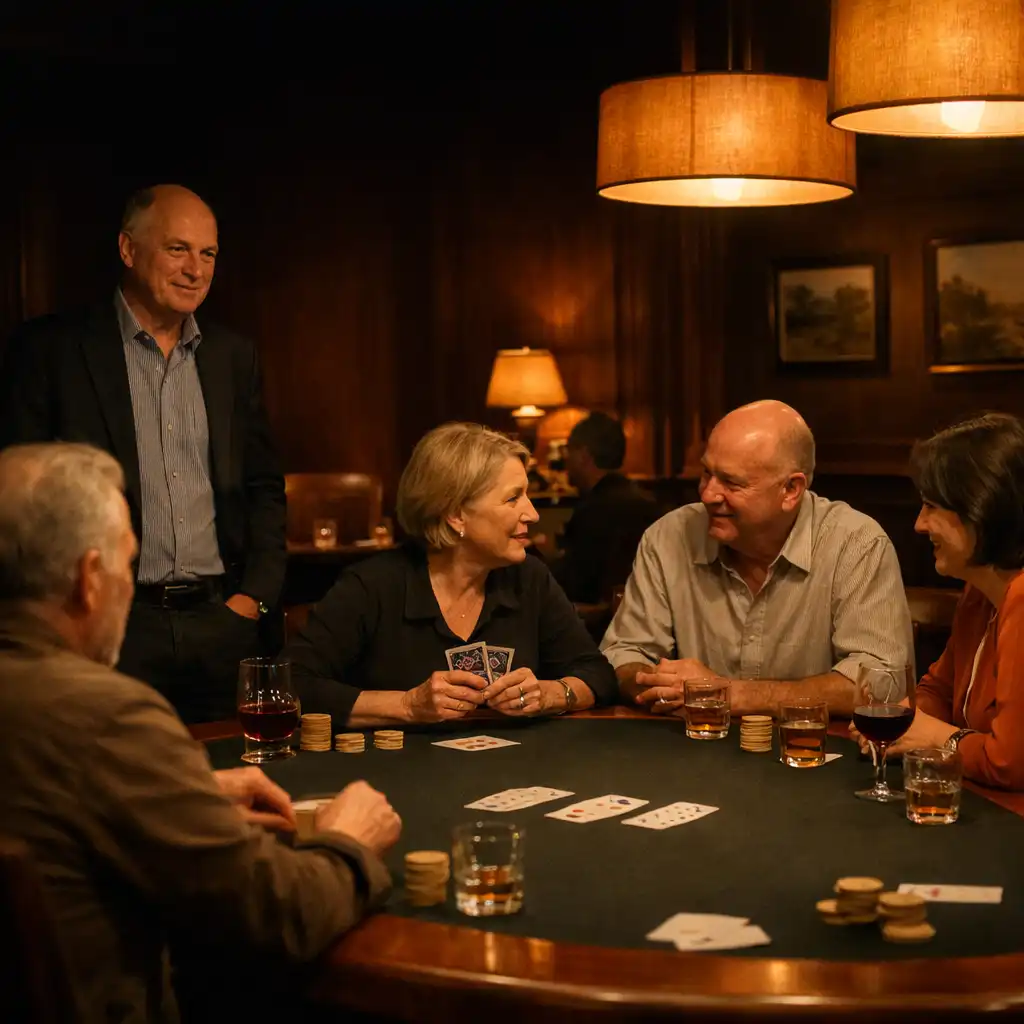 Guests gathered around a timber-edged poker table in a warmly lit restaurant card room.