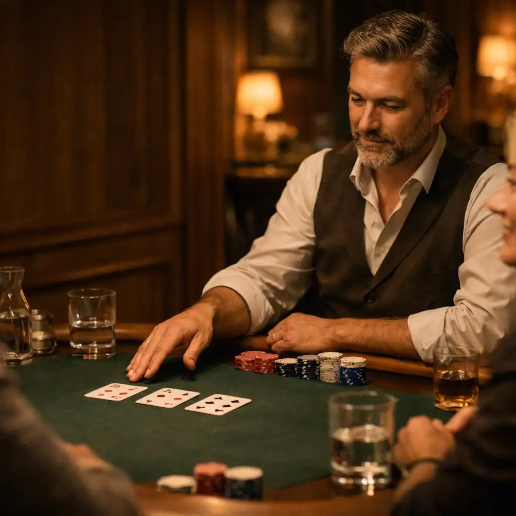 Host gesturing toward paper cards at a polished poker table while guests sit nearby with glassware