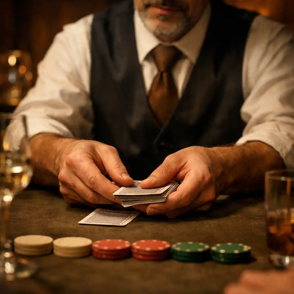 A host’s hands dealing physical cards across a softly lit felt table.