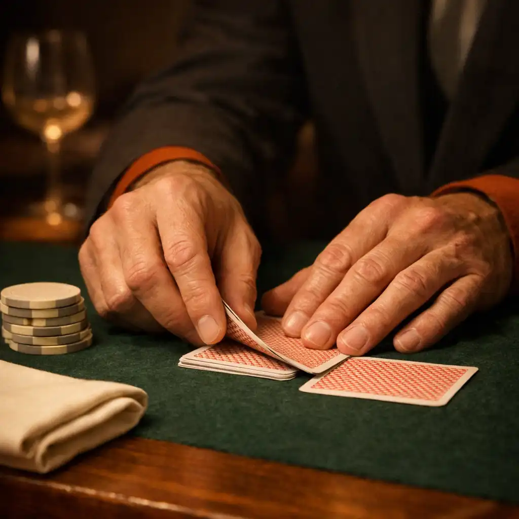 A host arranging physical playing cards on felt beside a small stack of table chips.