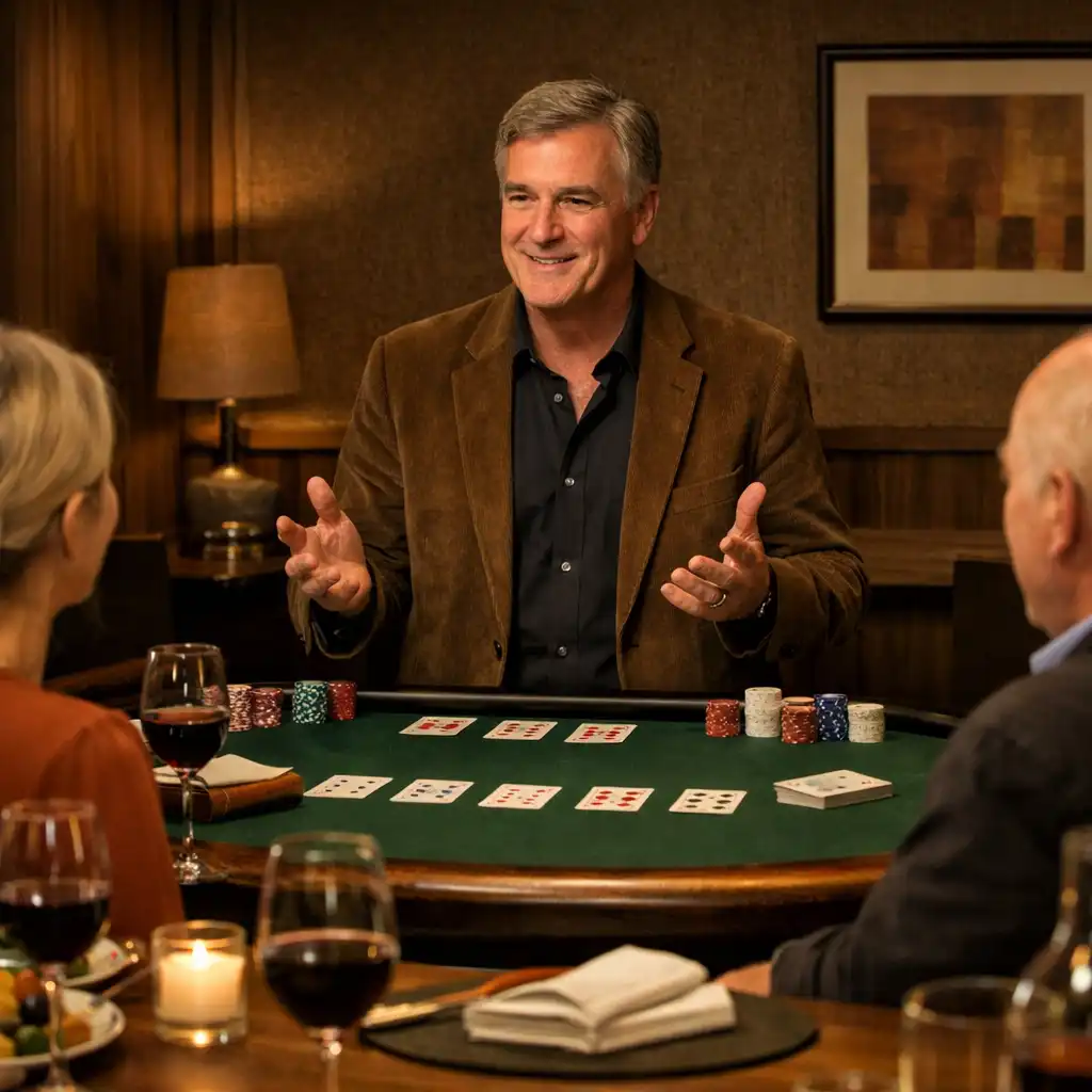 A host speaking with guests around a poker table set for dining in a dark restaurant room.