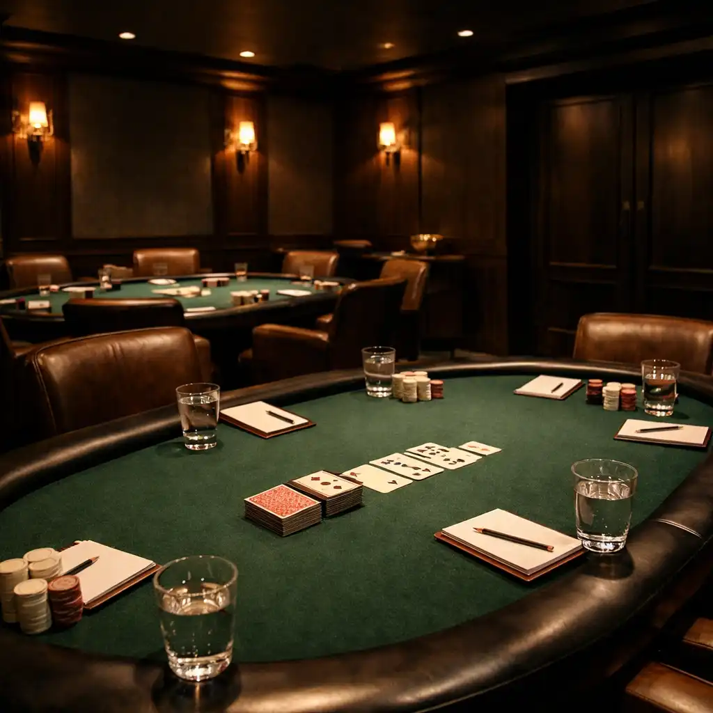 A prepared card room with poker tables, chairs, glasses and warm pools of light.