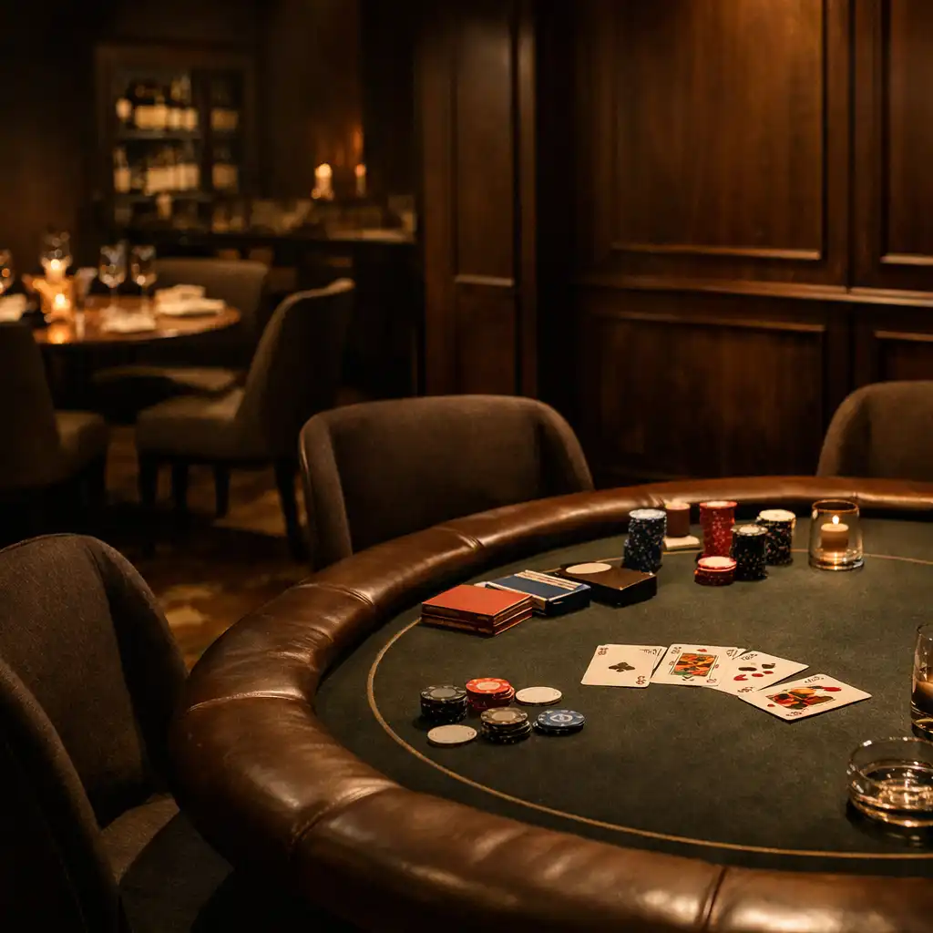A warmly lit restaurant card room prepared with a felt table, chairs and nearby dining setting.
