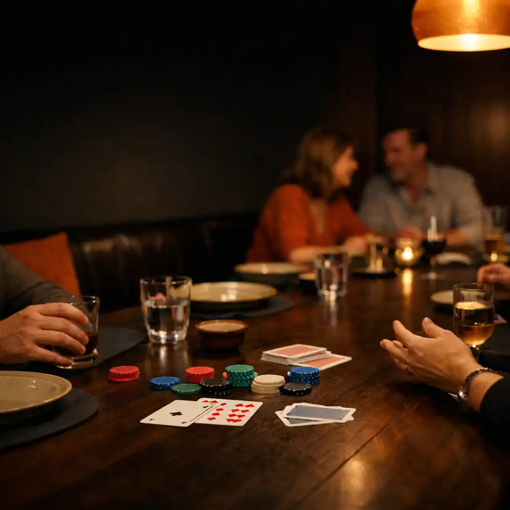 Hands, dining plates, glassware and physical cards gathered along a dark timber restaurant table.