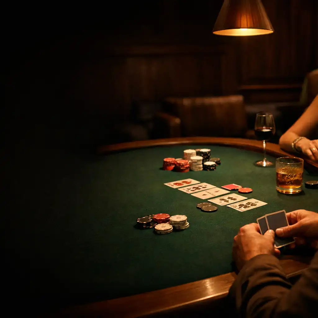 Hands and cards around a timber-edged felt table in a warmly lit restaurant card lounge